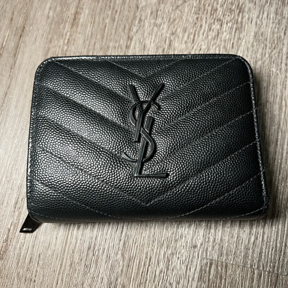 YSL Saint Laurent Cassandra Compact Wallet Black Calfskin Leather Black Hardware